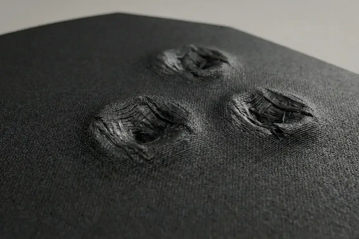 Close up of a poly plate after multiple ballistic impacts showing energy absorption