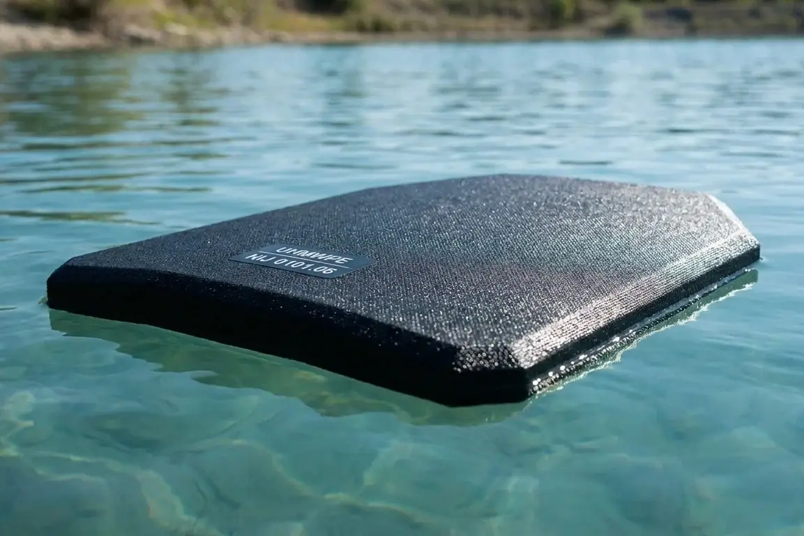 A black polyethylene armor plate floating on the surface of water.